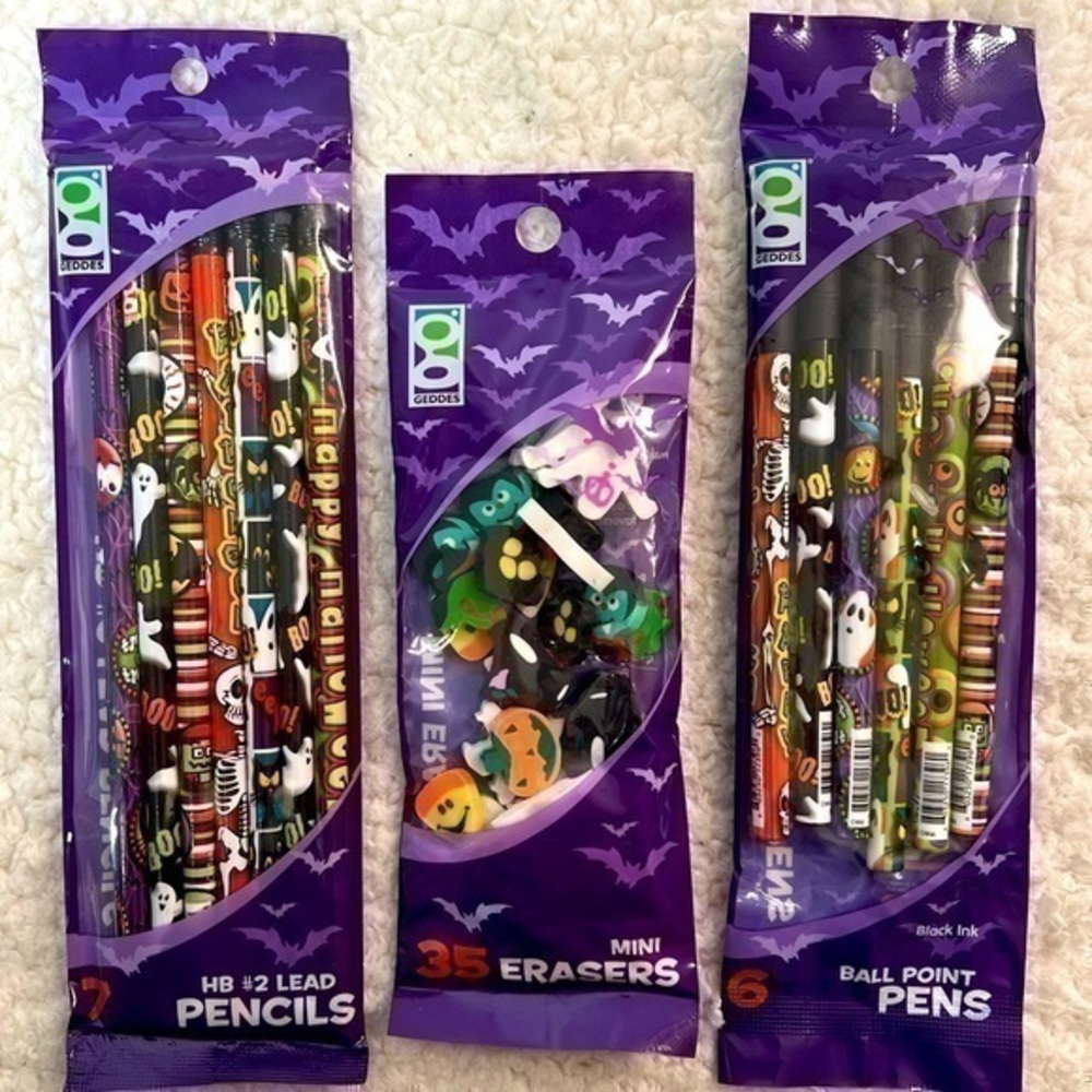 Geddes Halloween #2 Pencil Pack, Ballpoint Pen Pack + Mini Eraser Bundle